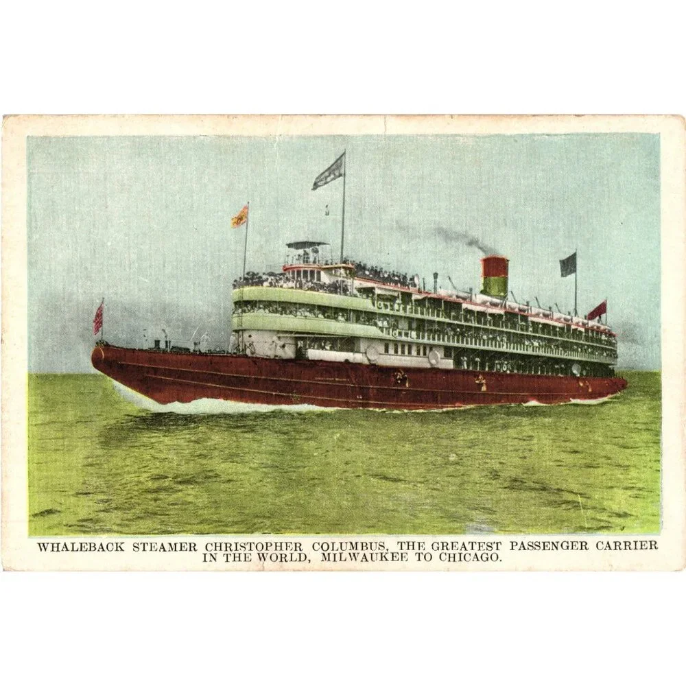 Vintage Postcard Of Whaleback Steamer Christopher Columbus Milwaukee To Chicago